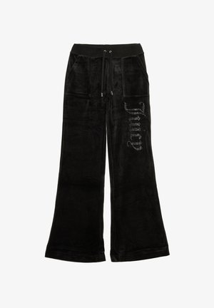 Pantaloni da tuta in velluto nero con design a gamba larga, dotati di una vita regolabile, due tasche frontali e la scritta "Juicy" in strass sul lato.
