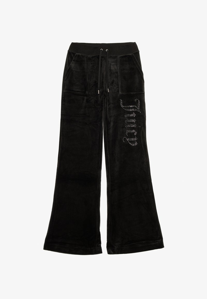 Pantaloni da tuta in velluto nero con design a gamba larga, dotati di una vita regolabile, due tasche frontali e la scritta "Juicy" in strass sul lato.