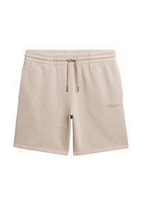 Shorts en coton beige avec taille élastique, cordon de serrage ajustable, poches latérales et logo "Superdry" brodé discrètement sur le devant.