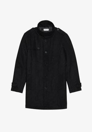 Black wool coat with a high collar, buttoned front, two side pockets, and button accents on sleeves. Minimalist design and smooth texture.
