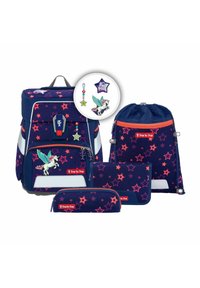 Set van schoolspullen, inclusief een marineblauwe rugzak, etui, trekkoordzak en portemonnee, met roze sterrenpatronen en eenhoornaccenten.