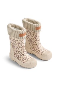 Stivaletti impermeabili con un motivo floreale beige, suola in gomma testurizzata e bordo in maglia a coste. Presentano un'etichetta in pelle su ciascun stivale.
