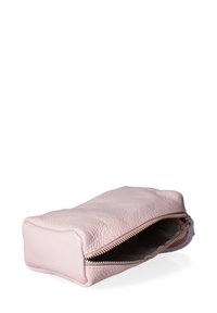 Rectangular pink leather pouch with a textured surface, gold zipper, and soft inner lining, partially opened to reveal the interior.