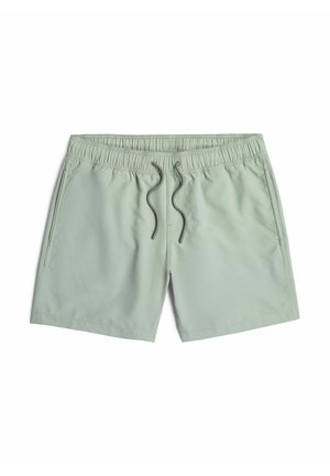 Light green elastic waist swim shorts with adjustable drawstring and side pockets, displayed flat on a white background.