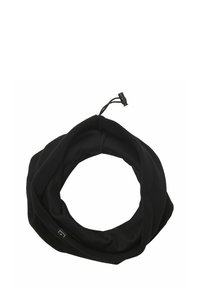 Melnas flīsa kakla sildītājs ar caurulveida dizainu un regulējamu auklu. Mīksta tekstūra ar minimālu logotipa akcentu.