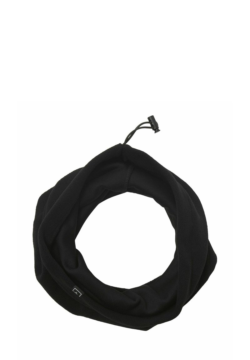Melnas flīsa kakla sildītājs ar caurulveida dizainu un regulējamu auklu. Mīksta tekstūra ar minimālu logotipa akcentu.