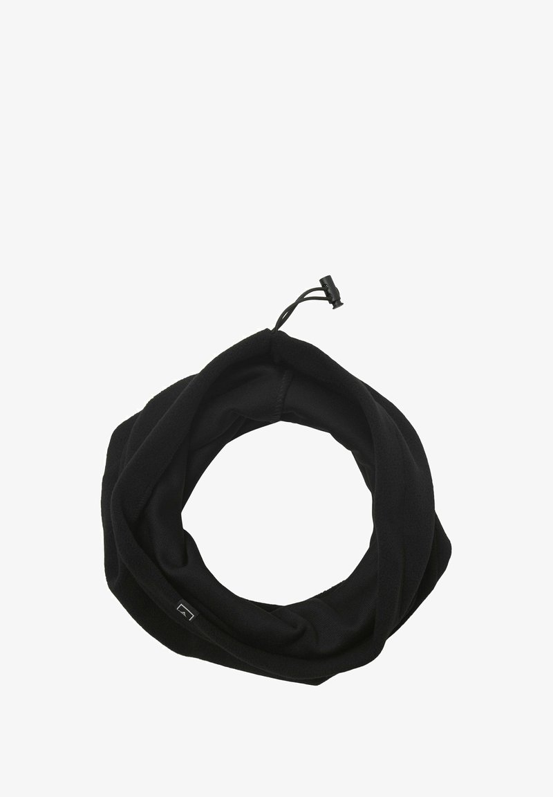 Zwarte fleece nekwarmer met een tubulaire ontwerp en verstelbare trekkoord. Zachte textuur met een minimalistisch logo accent.