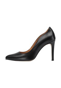 Musta nahkainen korkokenkä, jossa on terävä varvas, tyylikäs muotoilu ja 10 cm:n stiletto-korko; sisävuorauksessa on sileä pinta.
