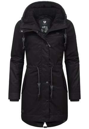 Zwarte parka jas met een afneembare capuchon, een verstelbare taille met trekkoord en een fleece-voering. Bevat drukknoopsluitingen, ritssluitingen en een bloempatroon aan de binnenkant.