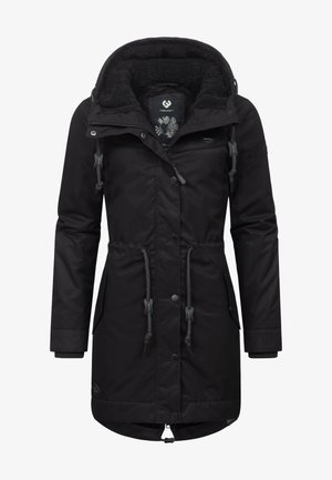 Črna parka s snemljivo kapuco, elastičnim pasom in notranjostjo obloženo s flisom. Ima pritrdilne gumbe, žepke na zadrgo in cvetlični podloženi del.
