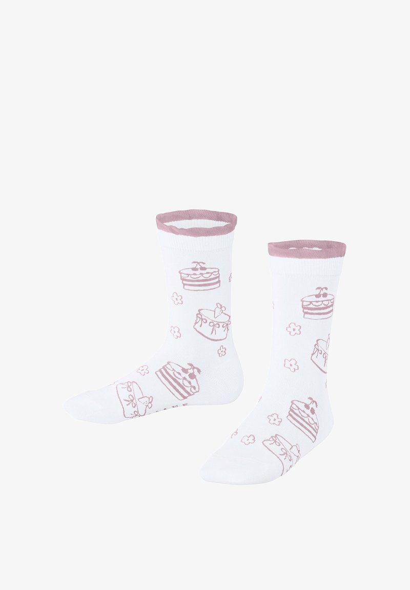 Chaussettes blanches montantes avec bordure rose, décorées d'illustrations roses de différents gâteaux et de petites fleurs.