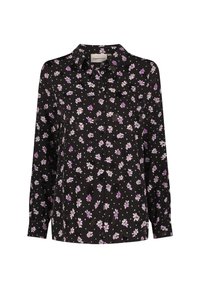 Zwarte blouse met lange mouwen, bloemenpatroon in wit en paars, knoopsluiting aan de voorkant en klassieke kraag. Zachte stof met een gladde textuur.