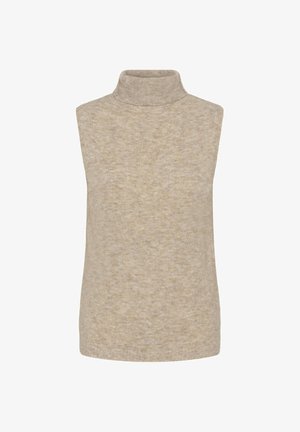 Pull en laine beige sans manches à col roulé, en tissu tricoté doux et texturé, avec un col haut et une coupe décontractée.