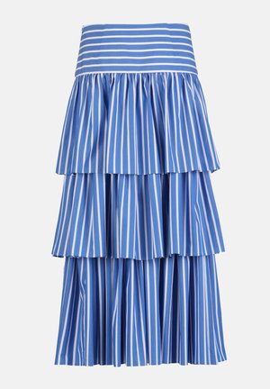 Blå og hvide lodrette stribede lagdelt nederdel med tre rynkede lag og en bred linning med horisontale striber.