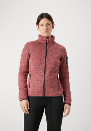 Röd och svart zip-up fleecejacka med hög krage, strukturerad passform, två sidofickor och ett logotypmärke på vänster arm.
