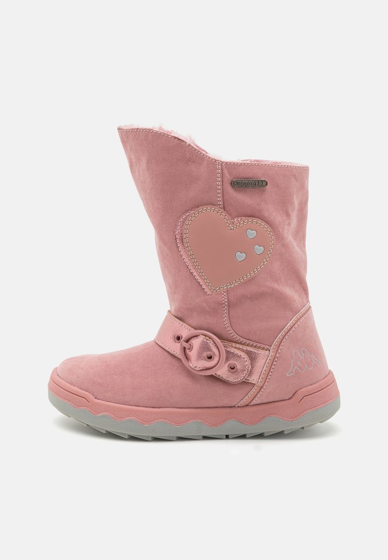 Pink suede boot with a heart patch, decorative strap with a buckle, fuzzy lining, rubber sole with zigzag pattern and logo accent.