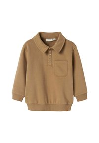 Sudadera marrón de manga larga para niños con cuello, tres botones delanteros, bolsillo en el pecho, y puños y dobladillo de canalé.