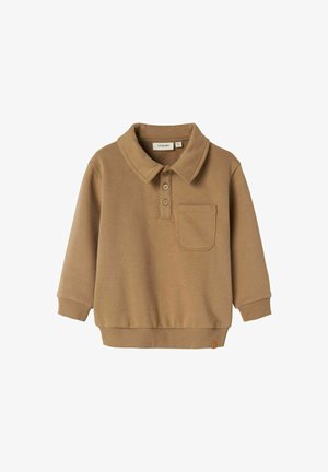 Rudas ilgomis rankovėmis vaikų megztinis su apykakle, trimis priekiniais mygtukais, krūtine kišene ir elastiniais rankogaliais bei apačia.