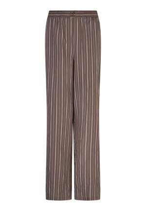 Brown pants with vertical white stripes, elastic waistband, and double loop belt detail at center front.