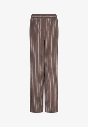 Bruine broek met verticale witte strepen, een elastische tailleband en een dubbele lusriemdetail aan het middenvoor.