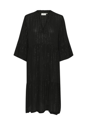 Schwarzes Kleid mit V-Ausschnitt, dreiviertellangen Glockenärmeln, schichtweiser Gestaltung und silbernen vertikalen Streifen für Textur. Weicher Stoff mit fließender Silhouette.