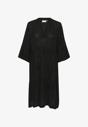 Schwarzes Kleid mit V-Ausschnitt, dreiviertellangen Glockenärmeln, schichtweiser Gestaltung und silbernen vertikalen Streifen für Textur. Weicher Stoff mit fließender Silhouette.