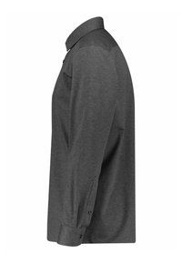 Graues Langarmhemd aus strukturiertem Stoff. Verfügt über einen spitzen Kragen und Knopfmanschetten, mit geradem Schnitt und ohne sichtbare Muster.