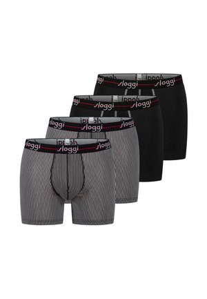 Vier Herren-Boxershorts, zwei schwarze und zwei schwarze mit weißen vertikalen Streifen, mit schwarzen Bündchen, die die Marke "Sloggi" in Weiß und Rot anzeigen.