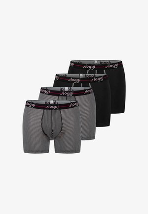 Four pairs of men's boxer briefs, two black and two black with white vertical stripes, with black waistbands displaying the brand "Sloggi" in white and red.