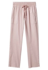 Pantalones de corte relajado en rosa claro, con cintura elástica, cordón ajustable y dos bolsillos frontales. Tejido suave con una textura lisa.