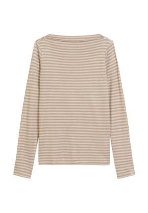 Langsleeve top in lichtbeige met dunne horizontale strepen. Katoenmengsel, eenvoudige ronde halslijn en recht gesneden ontwerp.