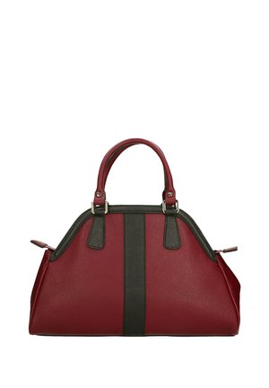 Sac à main en cuir rouge avec une finition texturée, présentant des accents gris foncé, une forme structurée et deux poignées supérieures. Quincaillerie en argent incluse.