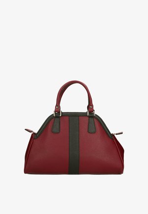 Rode leren handtas met een gestructureerde afwerking, voorzien van donkergrijze accenten, een strakke vorm en dubbele bovenhandvaten. Inclusief zilveren hardware.