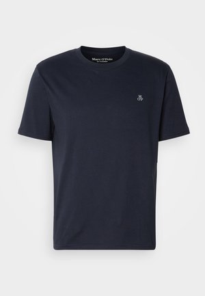 Navy blue cotton t-shirt with short sleeves, round neckline, and small embroidered logo on the chest. Smooth texture, casual design.