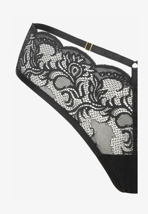 Czarny koronkowy thong z kwiatowymi wzorami, przezroczysta koronkowa wstawka po bokach, solidna tkanina z tyłu, z regulowanymi ramiączkami i złotymi akcentami.