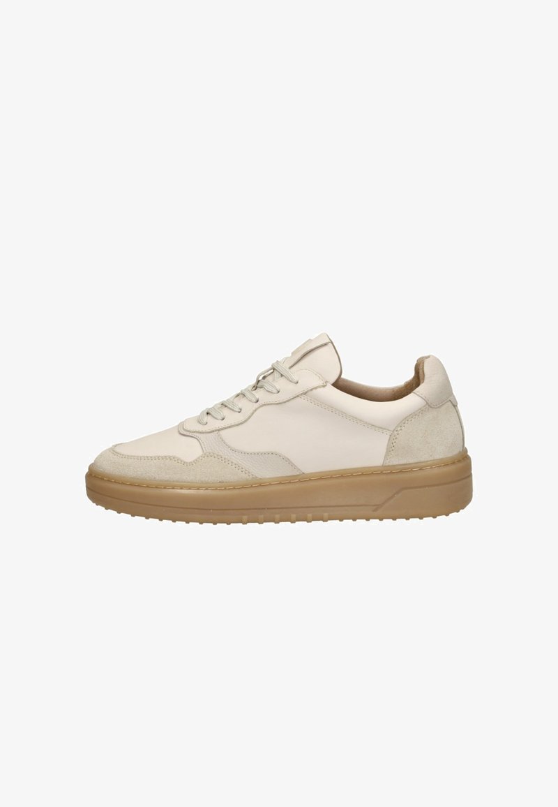 Beige low-top sneaker with suede and leather upper, lace-up closure, padded collar, and light brown rubber sole.