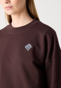 Sudadera marrón con cuello acanalado, que presenta un logotipo de diamante bordado en azul claro en el lado izquierdo del pecho. Textura suave, diseño informal.