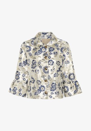 Blomstermønstret jakke med en skinnende, elfenbensfarvet bund. Har blå og gyldne blomster, en kravehalsudskæring og puffede ærmer med knapper.