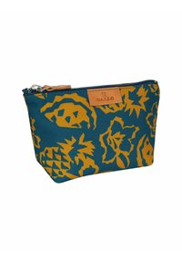 Blue fabric pouch with yellow floral patterns, zip closure, and a tan leather label showcasing the brand "Gallo."