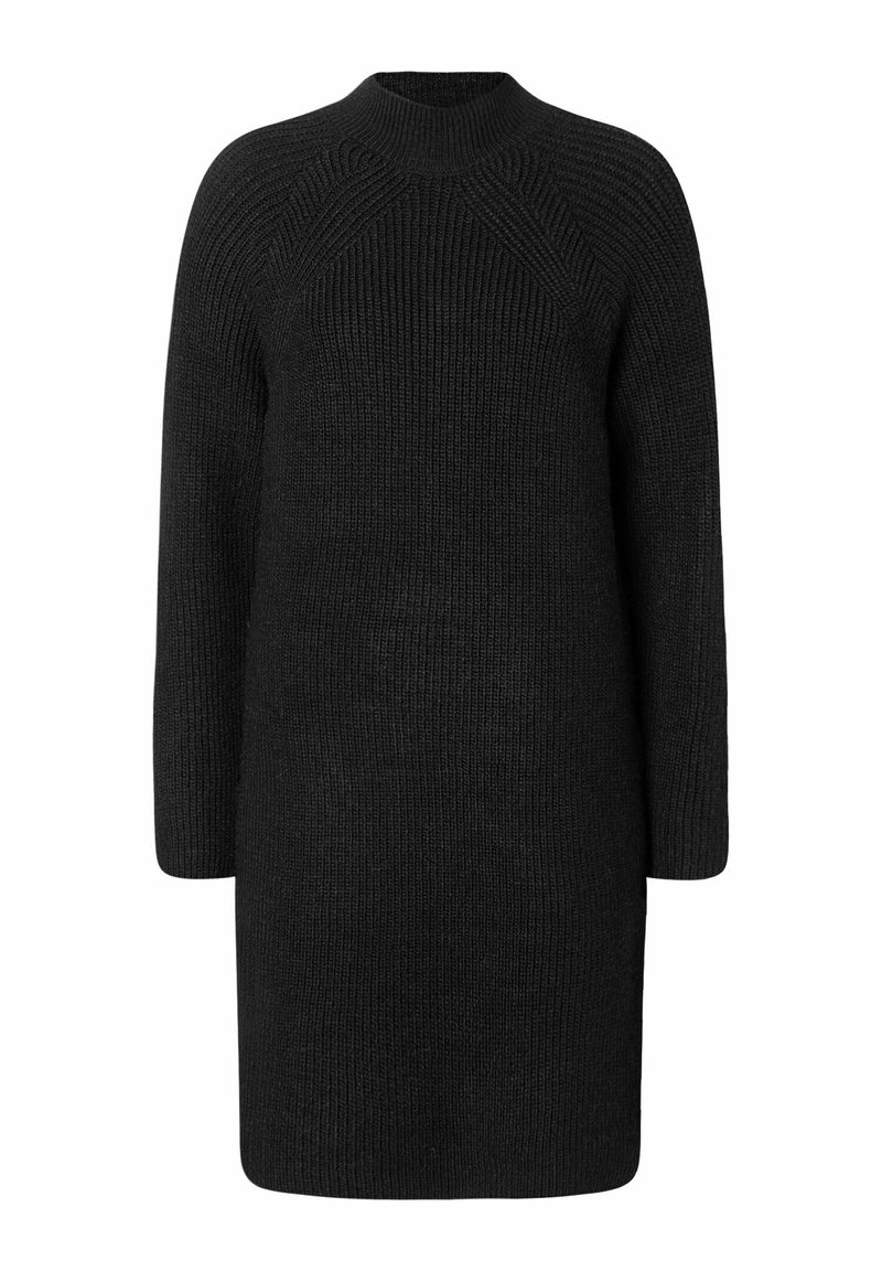 Robe pull noire en tricot, avec un col haut, des manches longues et un tissu texturé présentant un design à côtes verticales.