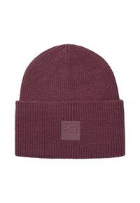 Tumppu neulottu tumman burgundin värisenä, jossa on ribbikuvio ja taitettu resori, jonka etupuolella on neliön muotoinen logopläni.