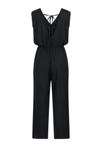 Hihaton musta jumpsuit syvällä V-kaula-aukolla, joustavalla vyötäröllä, leveillä lahkeilla ja ristikkäisellä solmimis-/nyörityksellä takakauluksessa.
