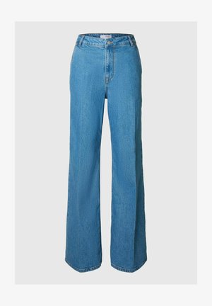 Wide-leg blue denim jeans with a high waist, featuring a front button closure and classic five-pocket design, textured fabric.