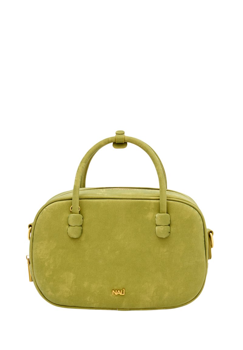 Grøn, glat håndtaske med afrundede håndtag, lynlåslukning og et guld logo. Har en rektangulær form og en ekstra rem for alsidighed.