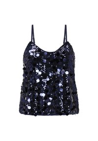 Tengerészkék ujjatlan felső vékony pántokkal, kör alakú flitterekkel borítva, melyek texturált, csillogó hatást keltenek a szöveten.