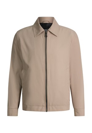 Beige lichtgewicht herenjas met lange mouwen, puntige kraag, ritssluiting aan de voorkant en zijzakken, afgebeeld tegen een witte achtergrond.