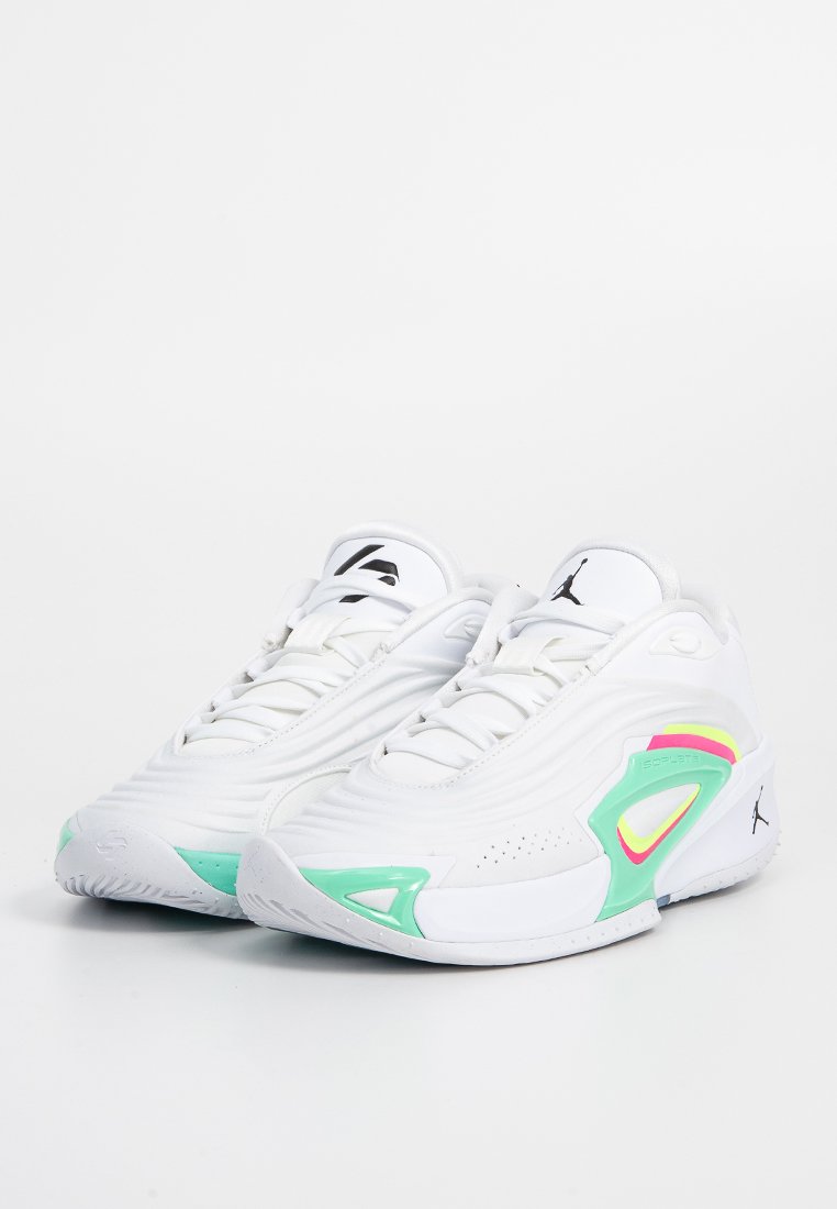 Zapatillas blancas con parte superior texturizada, que presentan acentos vibrantes en menta y rosa, diseño ligero y logotipo negro en la lengüeta. Suela de goma.