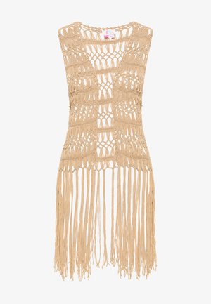 Beżowy top bez rękawów z szydełkowym wzorem o otwartym splocie i frędzlami na dolnym brzegu. Materiał wydaje się lekki i teksturowany.