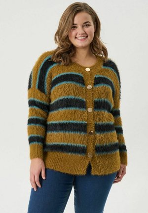 Fluffy, prugasta cardigan u boji senfa, crnoj i tirkiznoj. Sadrži okrugle zlatne dugmadi i slobodan kroj, s dugim rukavima i teksturiranim materijalom.