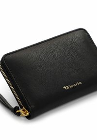 Black leather wallet with gold-tone zipper and logo. Textured surface, compact rectangular shape, and attached wrist strap for convenience.
